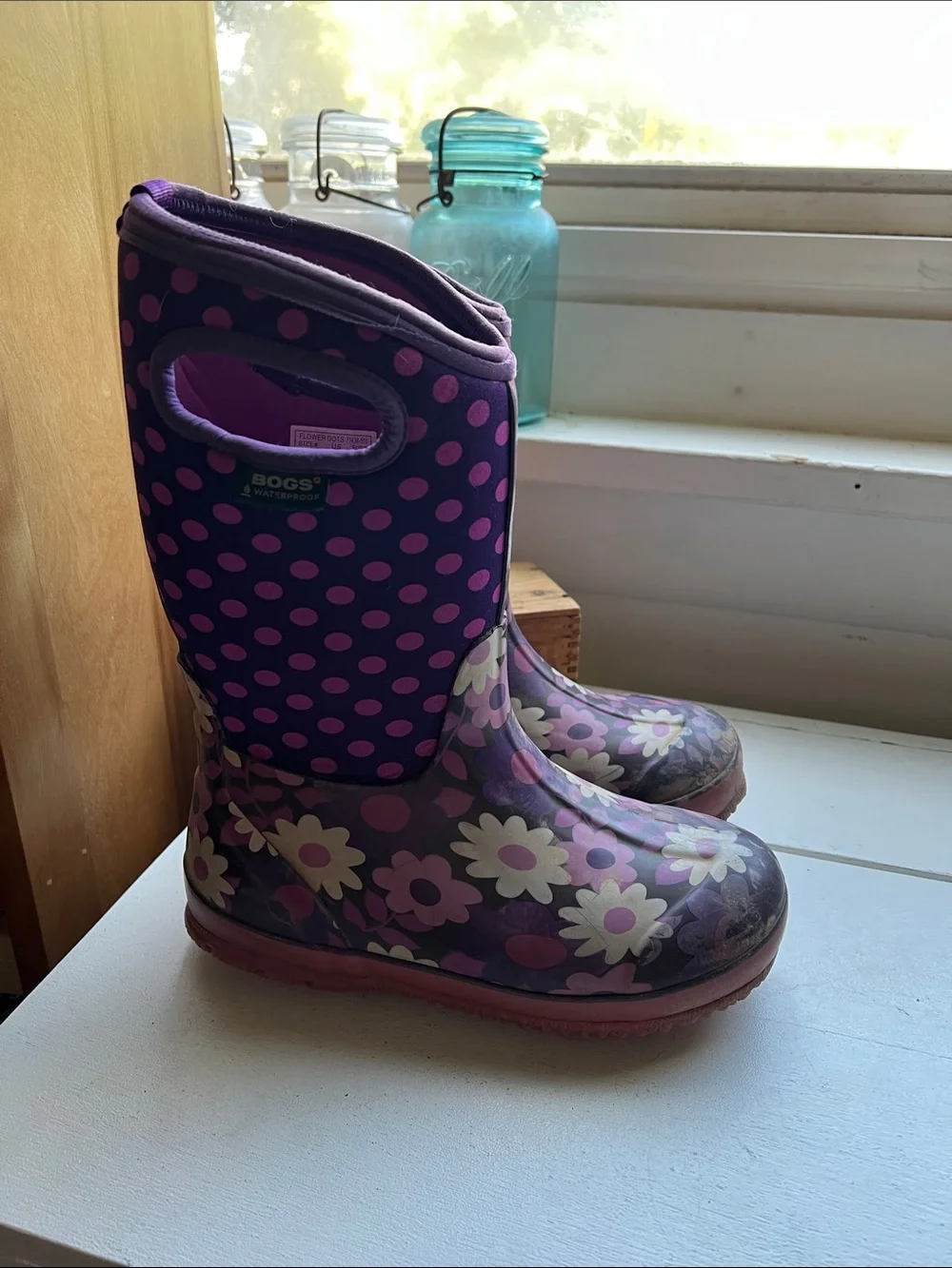 Bogs Kids Purple Pink Floral Polka Dot Winter Rain Boots rated -30 youth size 4